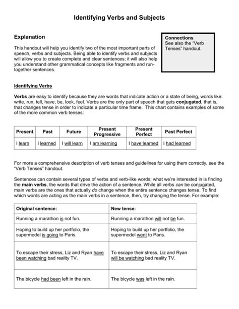 Identifying Subjects And Verbs Worksheet