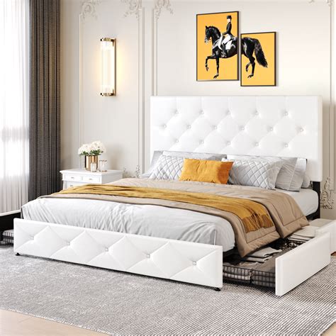 SHA CERLIN Full Size White Faux Leather Platform Bed Frame With 4