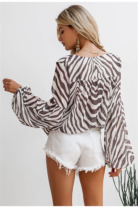 Zebra Stripe Printed Elegant V Neck Lace Up Women Blouse In 2020