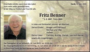 Traueranzeigen von Fritz Brenner Schwarzwälder Bote Trauer