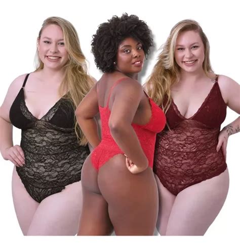 Kit3 Body Plus Size Sensual Lingerie Sexy Transparente Renda