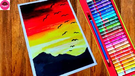 Sunset Beautiful Scenery Drawings With Crayons