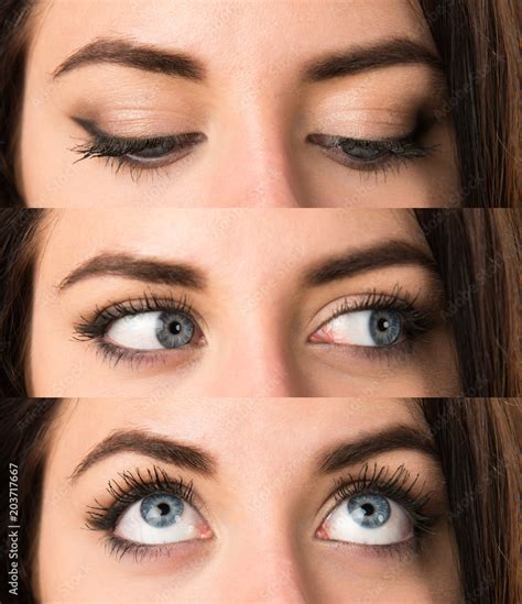 Set Of Macro Close Up Of Woman Eyes Looking Up Lateral And Down