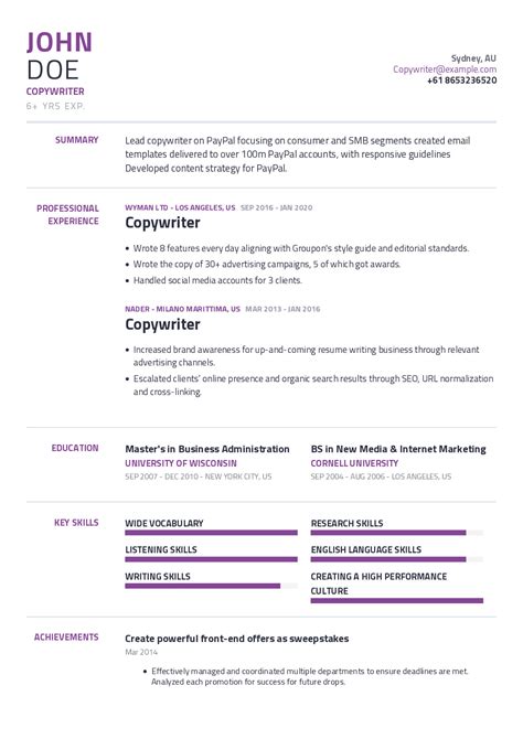 Copywriter Resume Example With Content Sample Craftmycv