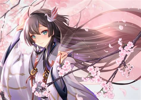 Black Hair Cherry Blossoms Flowers Green Eyes Japanese Clothes Kimono