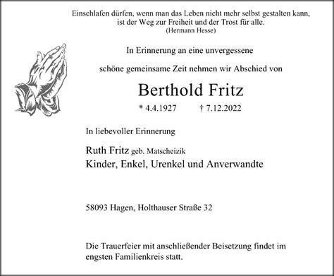 Traueranzeigen Von Berthold Fritz Trauer In Nrw De