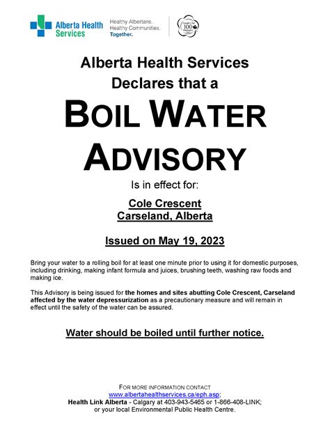 Carseland Cole Crescent Update Boil Water Advisory Wheatland County