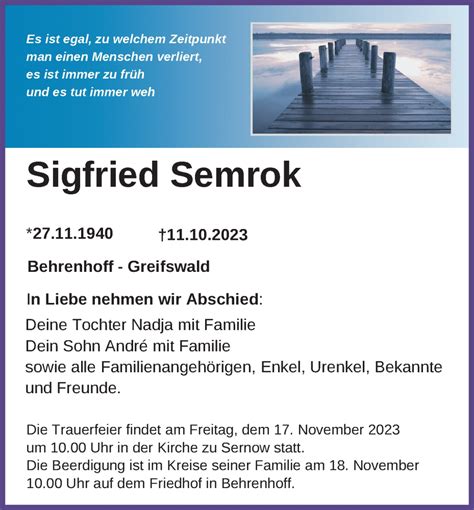 Traueranzeigen Von Sigfried Semrok Trauer Anzeigen De