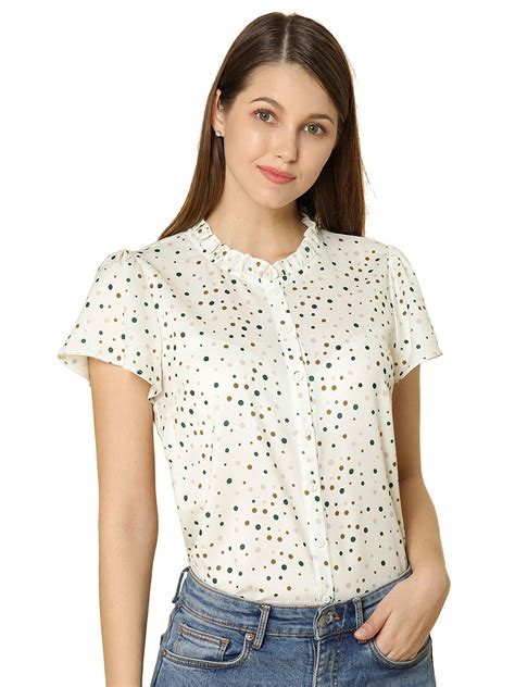 Allegra K Allegra K Womens Dots Printed Ruffle Sleeve Button Down Blouse Top Xl Beige