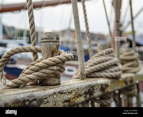 Ropes On A Side Of Old Sailing Ship Closeup Perspective Shallow