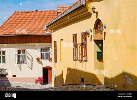 Street In Medieval Town Of Sighisoara Romania Stock Photo Alamy