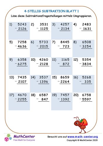 4 Stellig Subtraktion Blatt 1 Arbeitsblätter Math Center