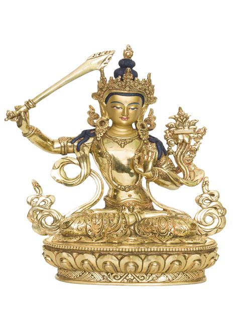 Buddhist Handmade Statue Of Manjushree Full Fire Gold Plated Face