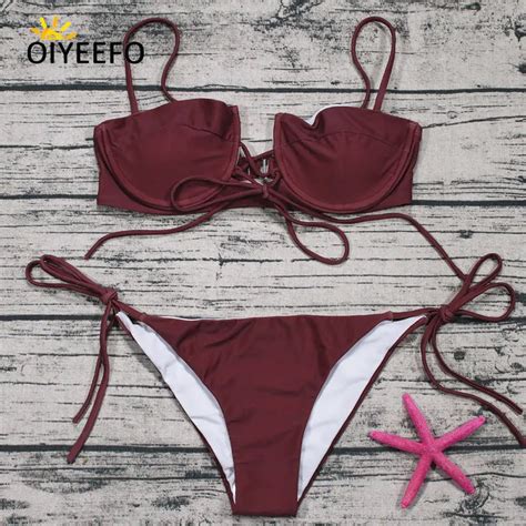 Oiyeefo Solid Maroon Push Up Bikini 2018 Lace Up Underwire Push Up