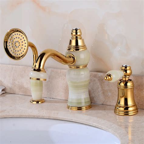 Bathtub Faucet Brass And Jade Gold Deck Bathroom Sink Faucet Set 3 Pcs