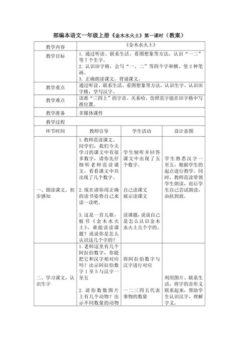 2 金木水火土 教案 第一课时表格式 21世纪教育网