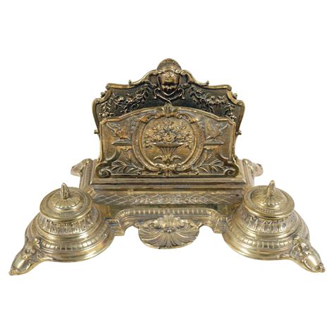 Antique Brass Inkwell Stand With Lidded Glass Ink Pot And Pen Rest