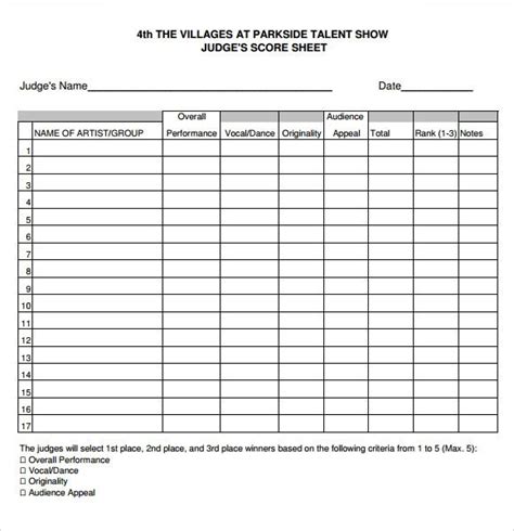 Talent Show Score Sheet Templates Pinterest In Action