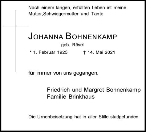 Traueranzeigen Von Johanna Bohnenkamp Trauer In Nrw De