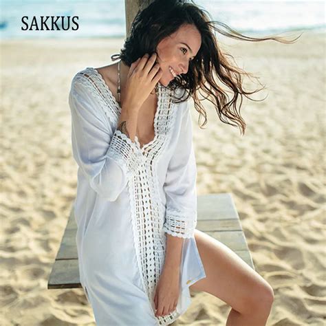 Sakkus New Sexy Women Beach Bikini Cover Up Crochet White Swimwear Dress Female Long Sleeve