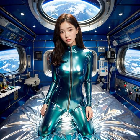 Arafed Woman In Shiny Blue Suit Sitting On A Bed In A Space Station