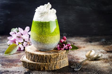 Detox Ombre Layered Matcha Green Tea Chia Seed Pudding Vegan Dessert With Coconut Milk Healthy