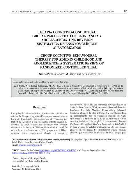 Pdf Terapia Cognitivo Conductual Grupal En El Tdah Infantojuvenil