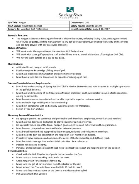 Fillable Online Job Title Ranger Department Flsa Status Hourly