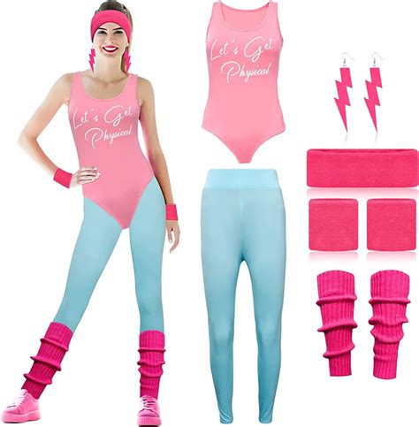 6 Pcs Women 80s Workout Costume Outfit 80s Leotard Outfit For 80s 90s Party Retro Neon