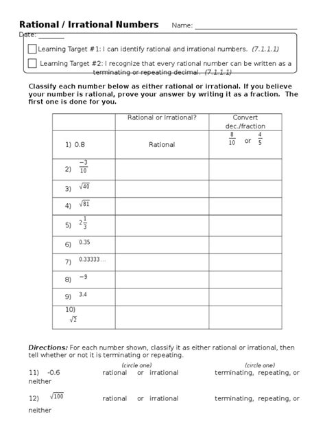 Classifying Rational And Irrational Worksheet Pdf Rational Number Fraction Mathematics