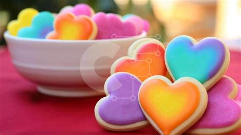 Colorful Heart Shaped Cookies On Orange Tablecloth Stock Photo