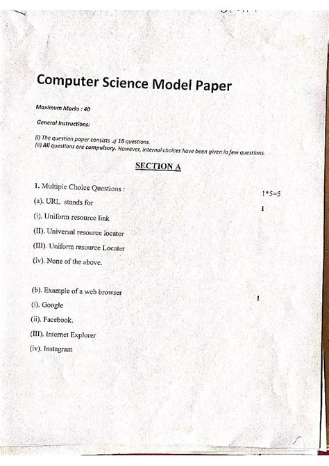 Jkbose Class 10th Model Question Paper 2025 For Computer Science Jk Board Class 10 Computer