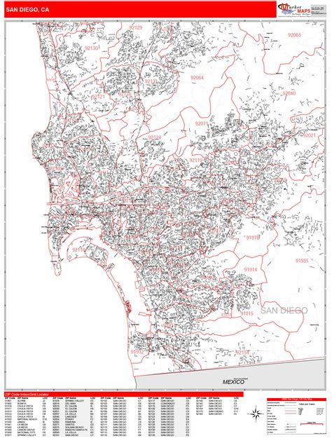 San Diego California Zip Code Wall Map Red Line Style By Marketmaps