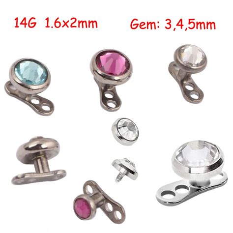 1set 14gx2mm Titanium Internally Threaded Dermal Anchor With Gem Top Kit Skinner Diver Head Body