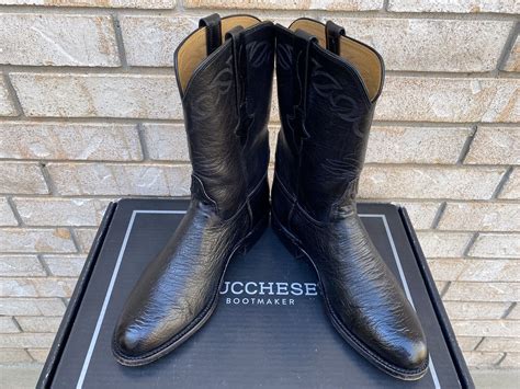 LUCCHESE HANDMADE EXOTIC BLACK SMOOTH OSTRICH COWBOY BOOTS ROPERS 8 5 D