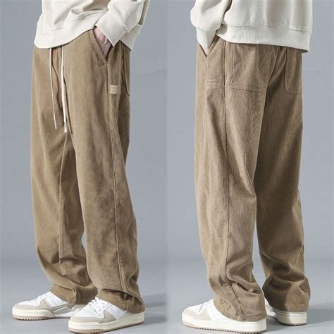 Yiyi Labeling Corduroy Pants For Men Stripe Texture Korean Baggy Straight Slacks Trouser Pants