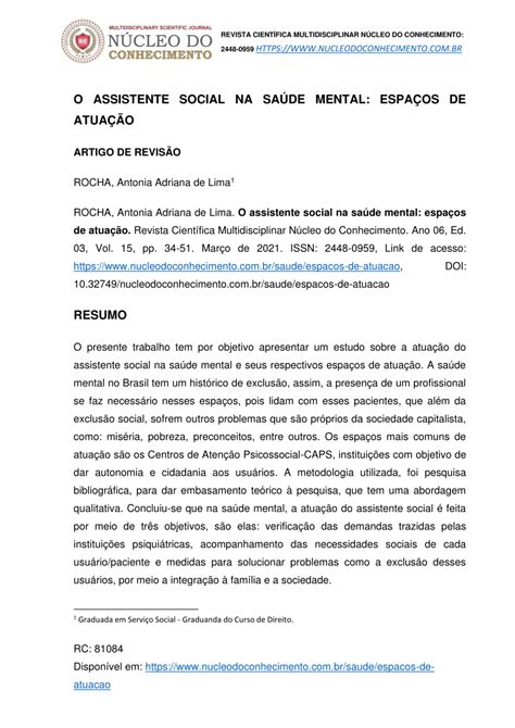 PDF O assistente social na saúde mental espaços de atuação