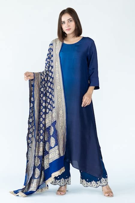 Buy Blue Pure Silk Woven Bandhej Tonal Ombre Kurta With Banarasi