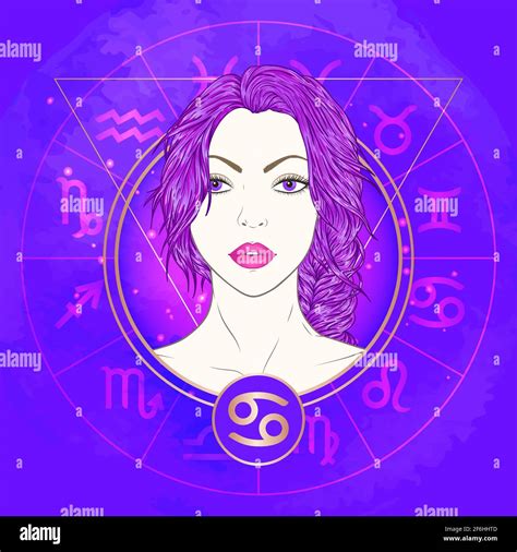 Vector Illustration Of Cancer Zodiac Sign And Portrait Beautiful Girl