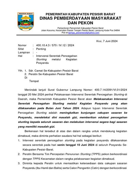 Surat Intervensi Serentak Pencegahan Stunting Pdf