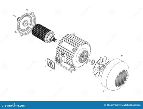 Electric Motor Exploded View 3d Rendering In Black And White Isolated On White Background Stock