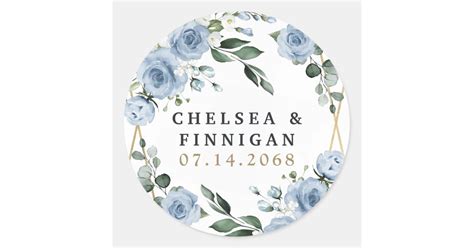 Dusty Blue And Gold Elegant Floral Rustic Wedding Classic Round Sticker