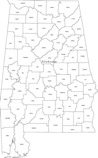 Black And White Alabama Digital Map With Counties