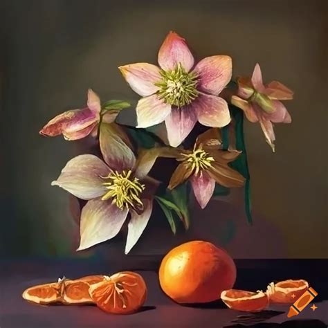 Painting Of Hellebore Flowers And Tangerines In Natural Light On Craiyon