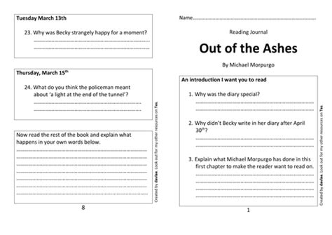 Out Of The Ashes By Michael Morpurgo Reading Journal Teaching Resources