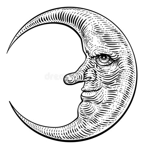 Moon Face Woodcut Drawing Retro Vintage Engraving Stock Vector