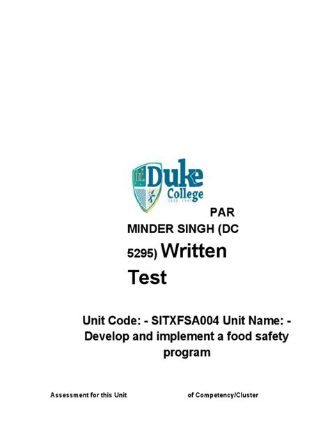 Assessments Sitxfsa004 Develop And Implement Food Safety Program Pdf Hazard Analysis And