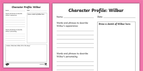 Charlotte S Web Wilbur Character Profile Writing Frame