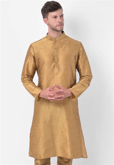 Golden Printed Dupion Silk Kurta In Beige And Dark Green Mve