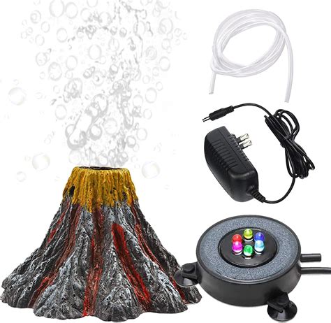 YWNYT Aquarium Volcano Ornament Kit Multi Colour LED Light Air Stone